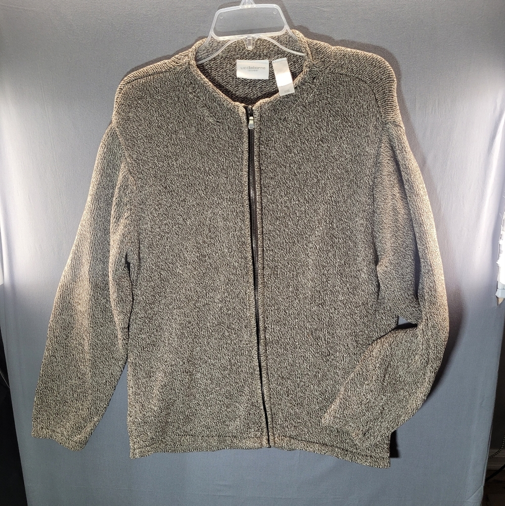 Liz Claiborne Lizsport 100% Cotton Sweater Full Zip Marled Design on Collar. W/L